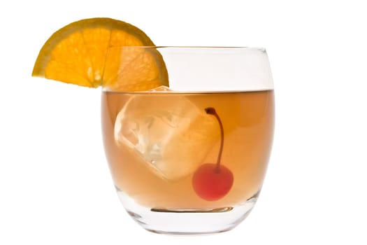 Whiskey Sour mixed drink with cherry and orange slice on white background