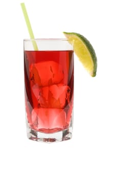 Cape Codder mixed drink with lime wedge on white background