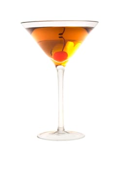 Rob Roy or Manahattan mixed drink with marachino cherry close up on white background