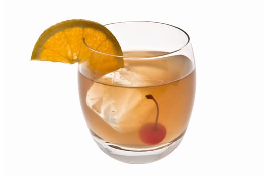 Whiskey Sour mixed drink with cherry and orange slice on white background