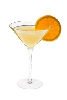Fuzzy Navel mixed drink with orange slice garnish on white background