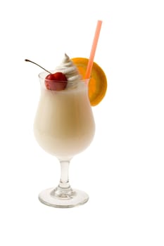 Pina Colada mixed drink with fruit garnish on white background