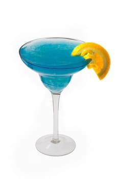 Blue Hawaiian mixed drink with orange and lemon garnish on white background