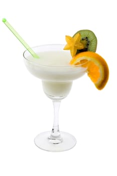 Pina Colada mixed drink with exotic fruit garnish on white background