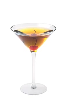 Rob Roy or Manahattan mixed drink with marachino cherry on white background