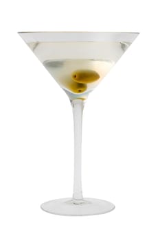 Dirty Martini mixed drink with olive garnish close up on a white background