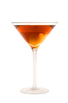 Rob Roy or Manahattan mixed drink with marachino cherry on white background