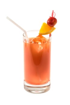 Bay Breeze mixed drink with cherry and orange garnish on white background