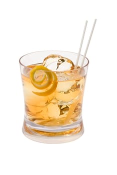 Scotch and water on the rocks with lemon peel garnish on white background