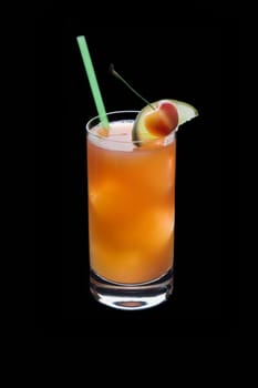 Seabreeze mixed drink with lime and cherry garnish on black background
