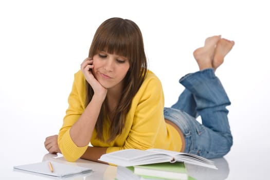 Student - Happy female teenager write homework think