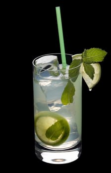 Mojito mixed drink on a plain black background