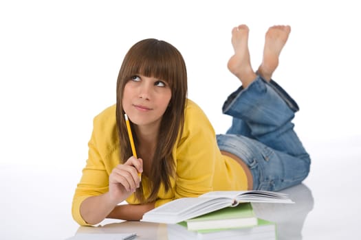 Student - Happy female teenager write homework think