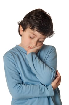 Angry child with blue shirt thinking