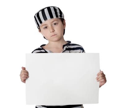 Sad child with prisoner costume