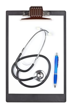 Medical clipboard with stethoscope and pen