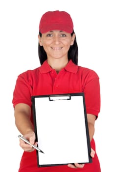 Beautiful dealer with focus on clipboard getting the signature