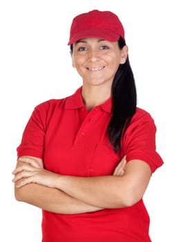 Brunette dealer with red uniform