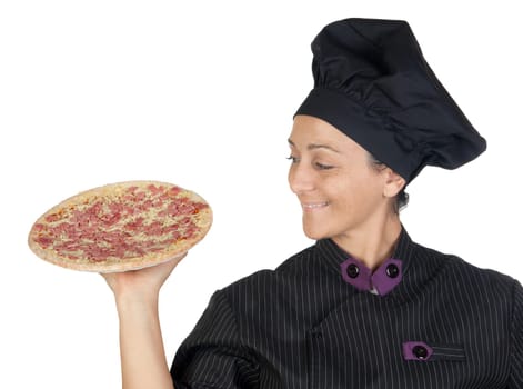 Pretty cook woman with ham pizza