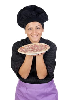 Pretty cook woman with ham pizza