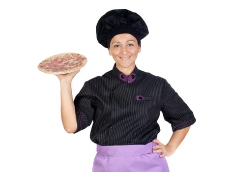 Pretty cook woman with ham pizza