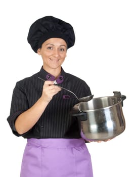 Pretty cook woman with big pot