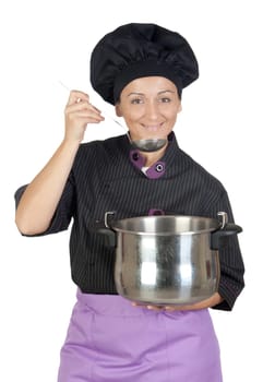 Pretty cook woman with big pot
