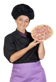 Pretty cook woman with ham pizza
