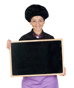 Pretty cook woman with blackboard
