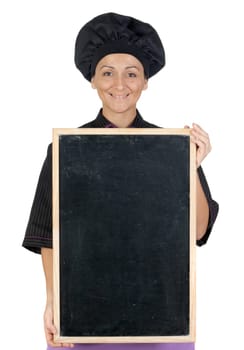 Pretty cook woman with blackboard
