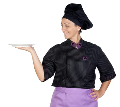 Pretty cook woman with blackboard