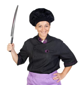 Pretty cook woman with big knife