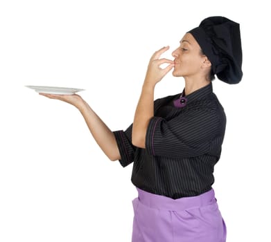 Pretty cook woman with blackboard