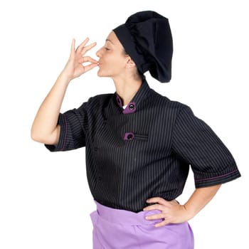 Pretty cook woman with blackboard