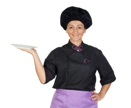 Pretty cook woman with blackboard
