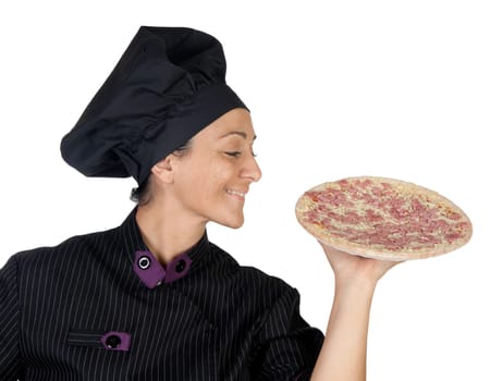 Pretty cook woman with ham pizza