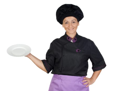 Pretty cook woman with blackboard
