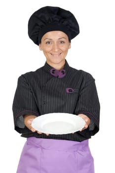 Pretty cook woman with blackboard
