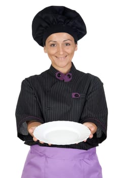 Pretty cook woman with blackboard