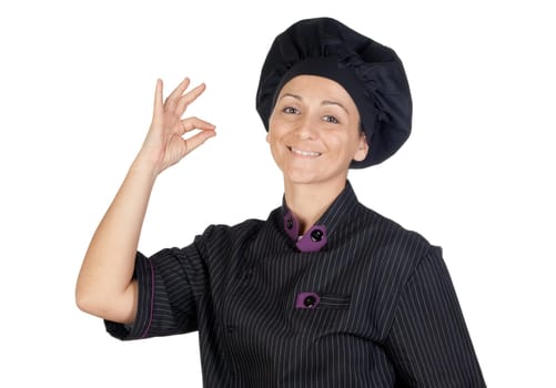 Pretty cook woman with blackboard