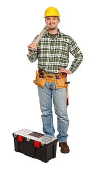 standing handyman with spirit level