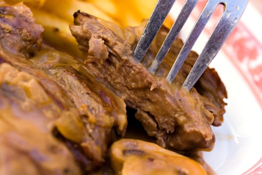Rump steak roast beef with mushrooms