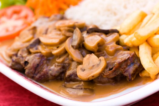 Rump steak roast beef with mushrooms