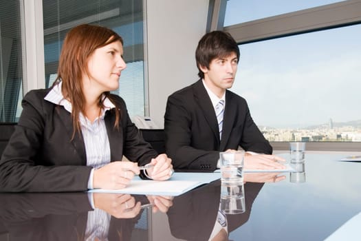 Businessman with assistant laughing