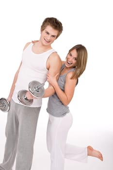 Fitness - happy couple with weights