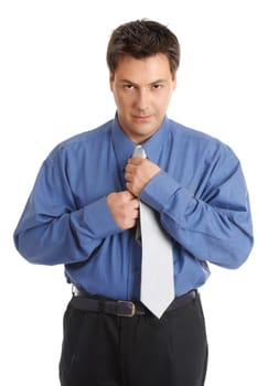 Businessman getting dressed