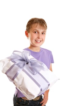 A boy holding a wrapped present