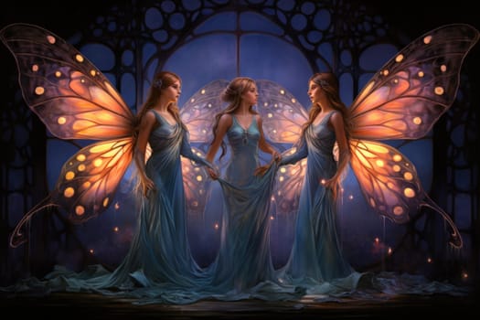 In a mystical realm filled with enchantment and wonder, luminescent fairies gracefully dance through the air, their iridescent wings shimmering with a kaleidoscope of colors.