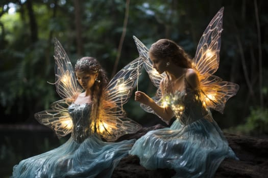 In a mystical realm filled with enchantment and wonder, luminescent fairies gracefully dance through the air, their iridescent wings shimmering with a kaleidoscope of colors.