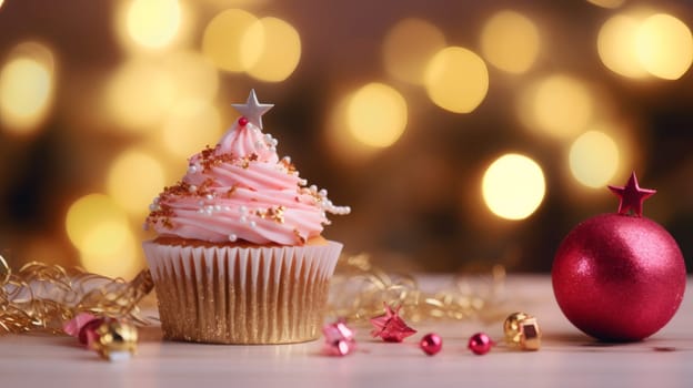 One delicious cupcake with pink cream, candy sprinkles and a Christmas tree toy stands on the table against a background of blurry bokeh lights, close-up side view.